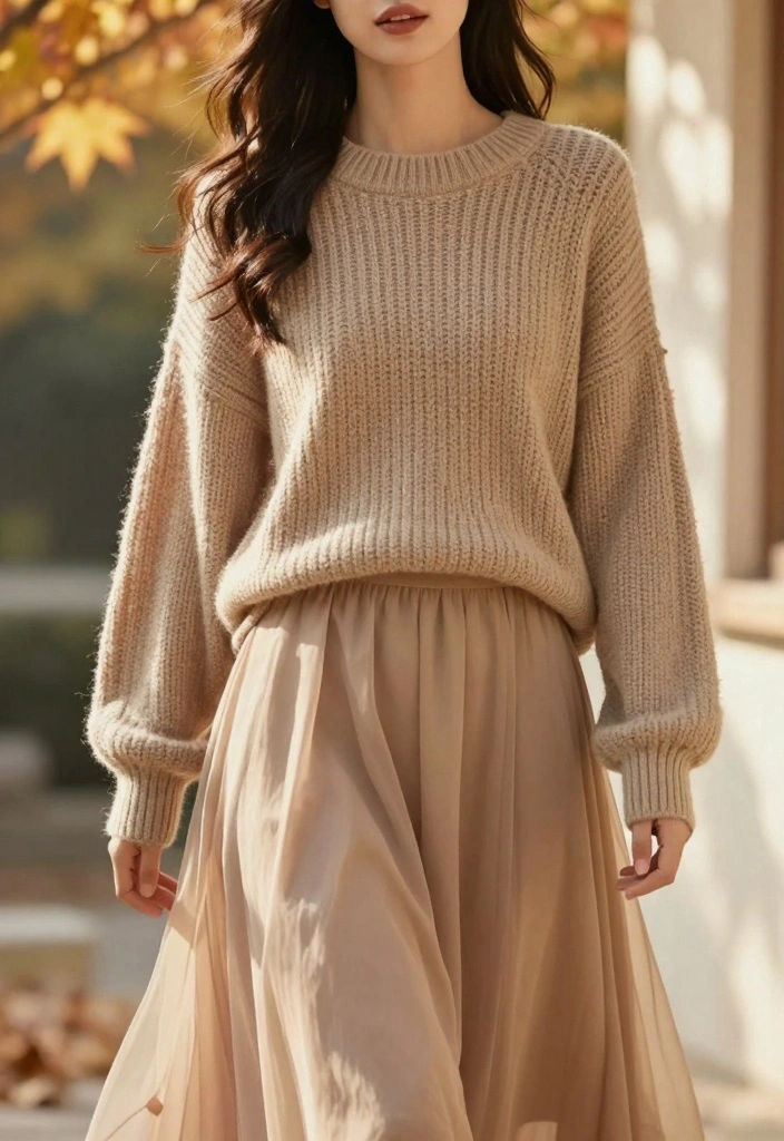 15 Western Style Skirt And Top Outfit Ideas - 9. Flowy Skirt & Knit Sweater 1