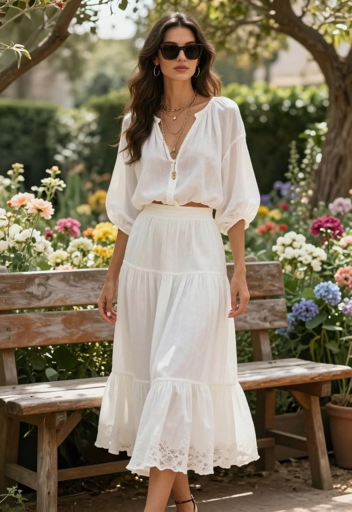 15 White Ruffle Skirt Outfit Ideas With Soft Romance - 1. Classic Boho Vibes with a Flowy Top 1