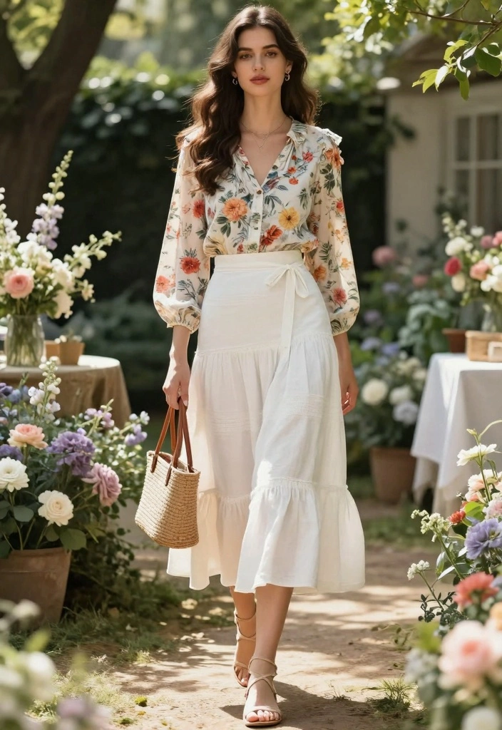 15 White Ruffle Skirt Outfit Ideas With Soft Romance - 10. Vintage Flair with a Floral Print Blouse 1