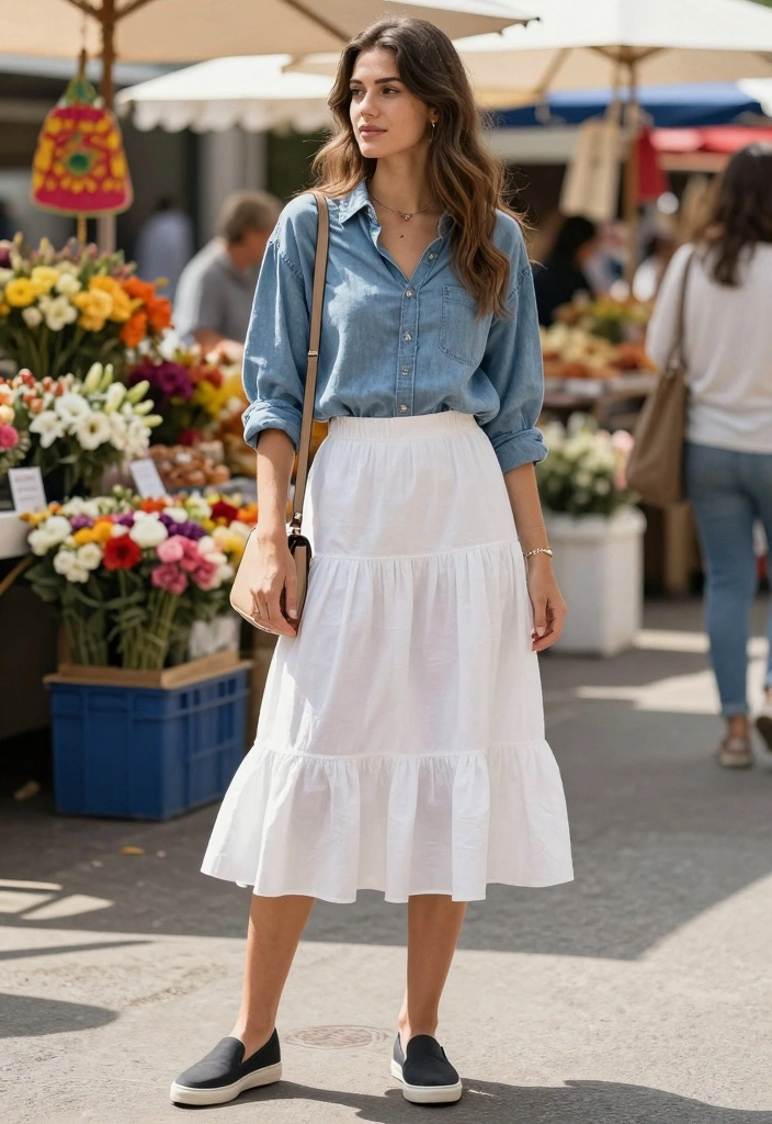15 White Ruffle Skirt Outfit Ideas With Soft Romance - 13. Effortlessly Cool with a Chambray Shirt 1
