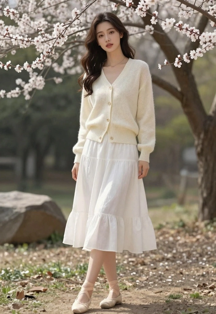 15 White Ruffle Skirt Outfit Ideas With Soft Romance - 14. Spring Perfection with a Light Cardigan 1