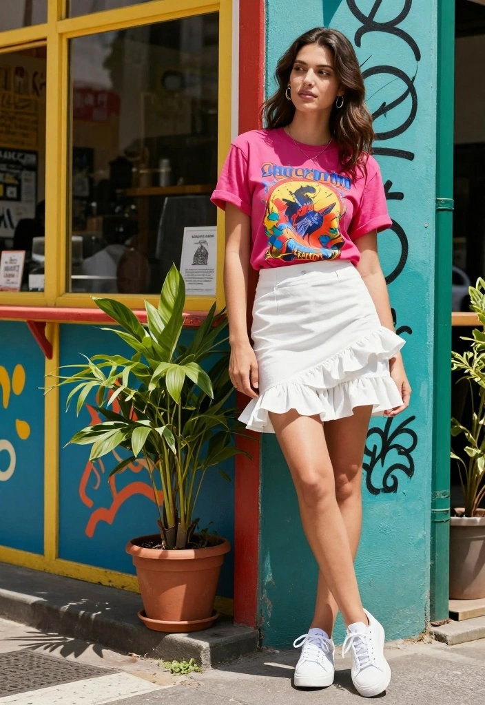 15 White Ruffle Skirt Outfit Ideas With Soft Romance - 2. Casual Chic with a Graphic Tee 1
