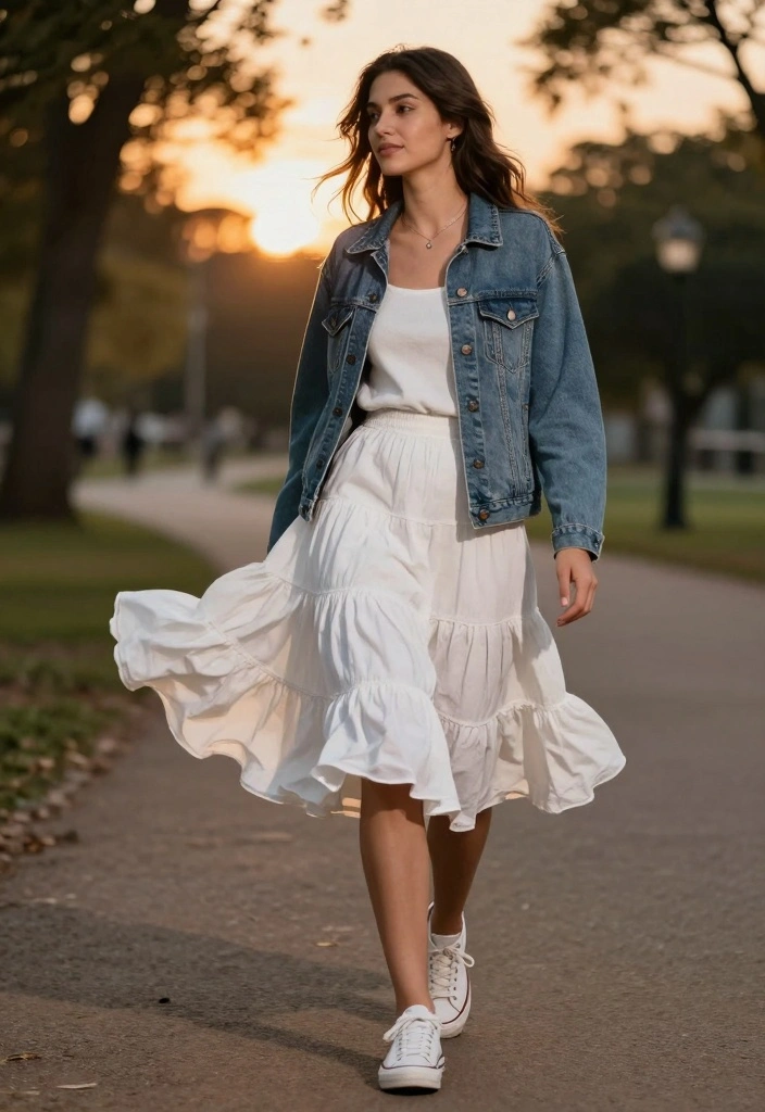 15 White Ruffle Skirt Outfit Ideas With Soft Romance - 4. Sweet & Simple with a Denim Jacket 1
