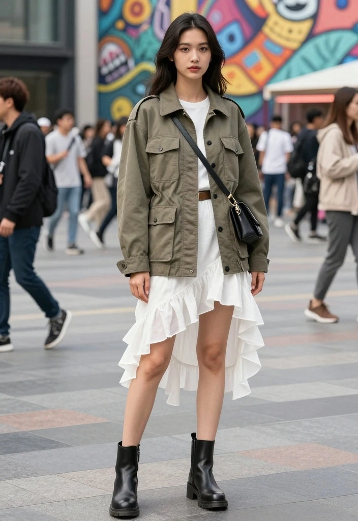 15 White Ruffle Skirt Outfit Ideas With Soft Romance - 6. Effortlessly Cool with a Utility Jacket 1