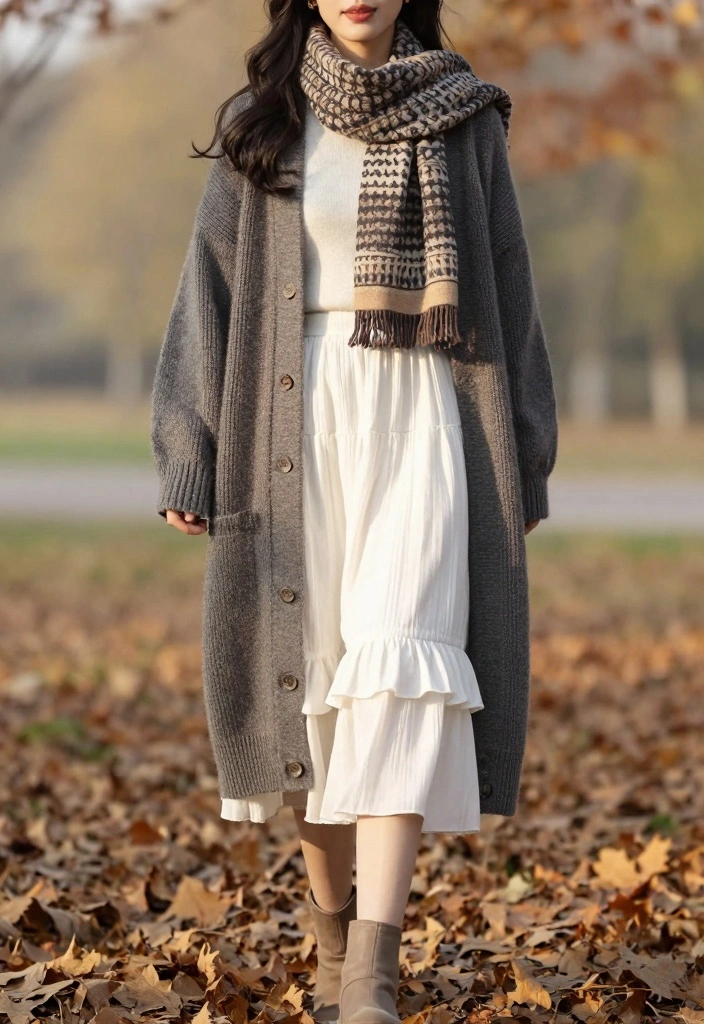 15 White Ruffle Skirt Outfit Ideas With Soft Romance - 7. Cozy Layering with a Knitted Cardigan 1