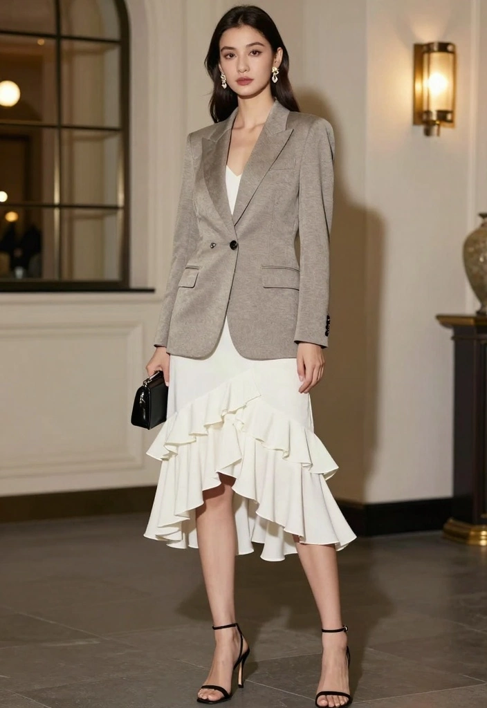 15 White Ruffle Skirt Outfit Ideas With Soft Romance - 9. Evening Elegance with a Tailored Blazer 1
