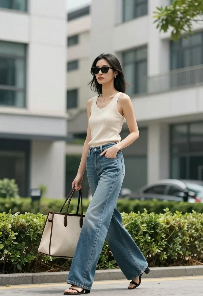 15 Women Jeans Outfit Ideas For Everyday Wear - 11. Knit Tank and Wide-Leg Jeans 1