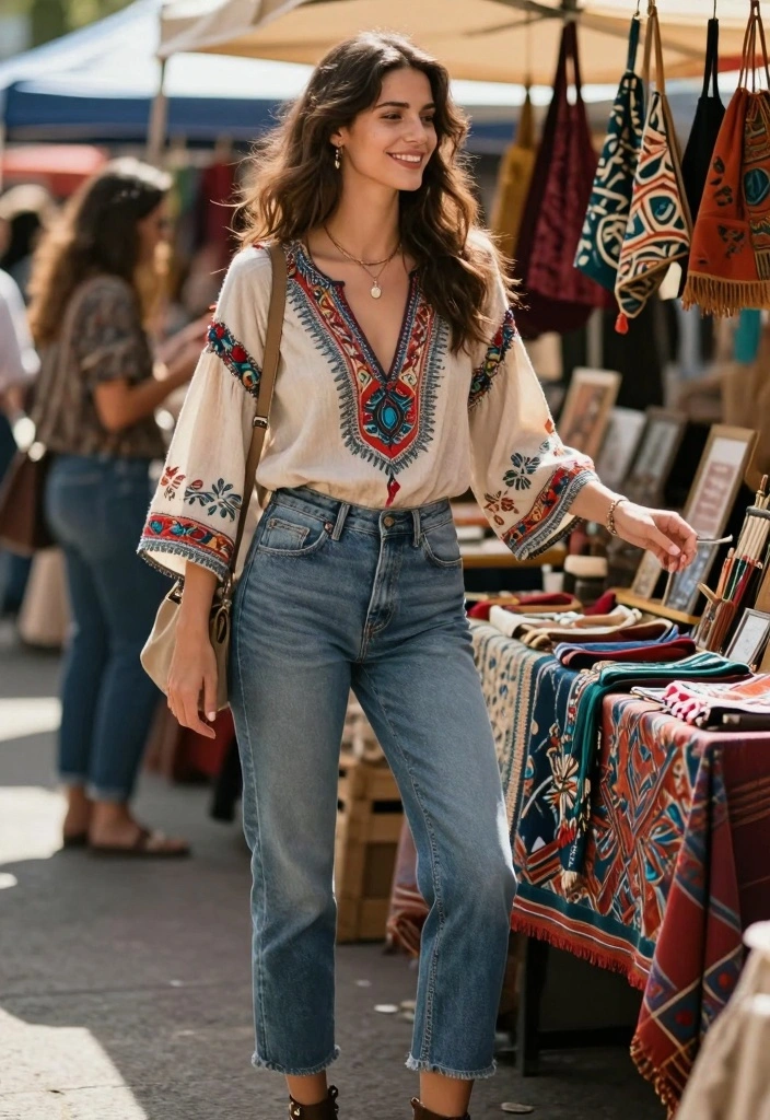 15 Women Jeans Outfit Ideas For Everyday Wear - 13. Bohemian Top and Cropped Jeans 1
