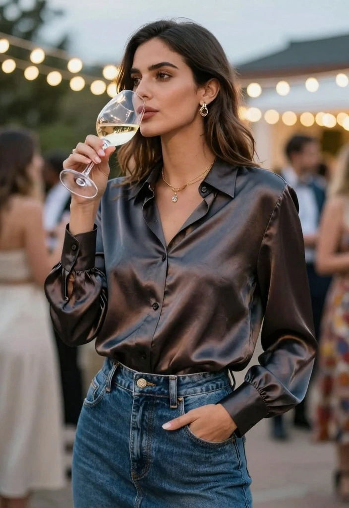 15 Women Jeans Outfit Ideas For Everyday Wear - 14. Luxurious Silk Blouse with Denim Skirt 1