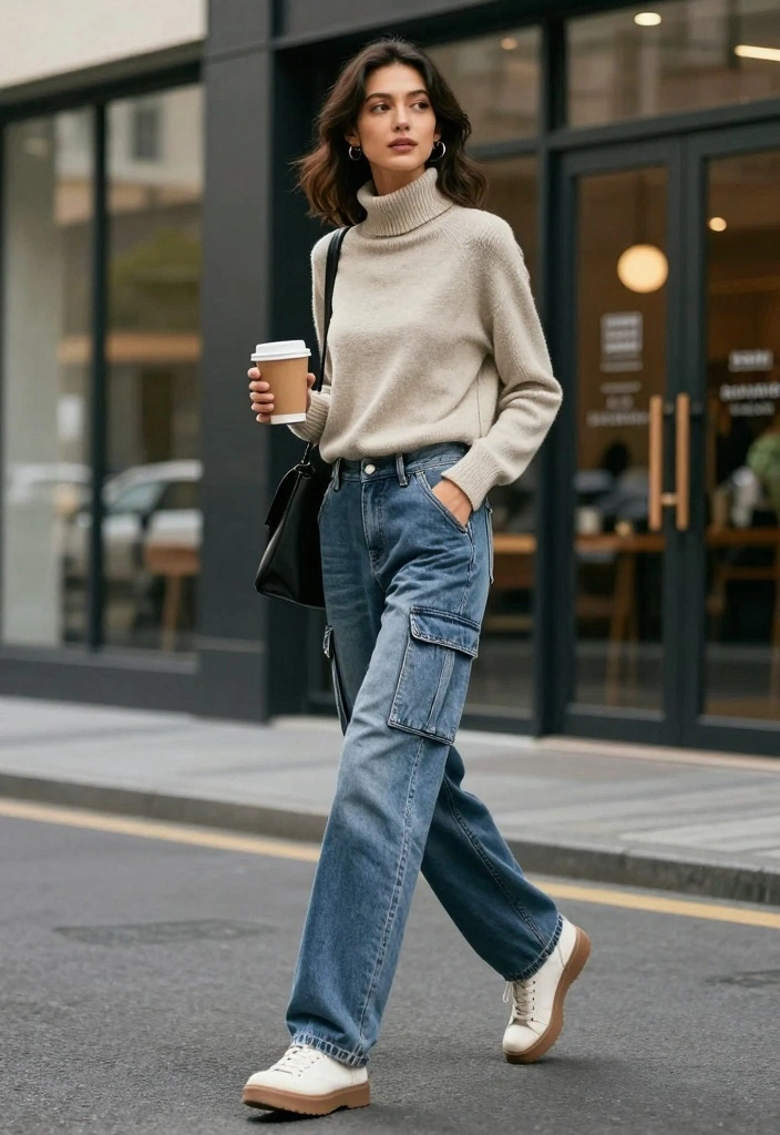 15 Women Jeans Outfit Ideas For Everyday Wear - 15. Layered Turtleneck and Cargo Jeans 1
