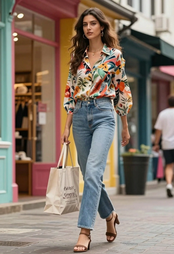 15 Women Jeans Outfit Ideas For Everyday Wear - 7. Printed Blouse with Straight-Leg Jeans 1