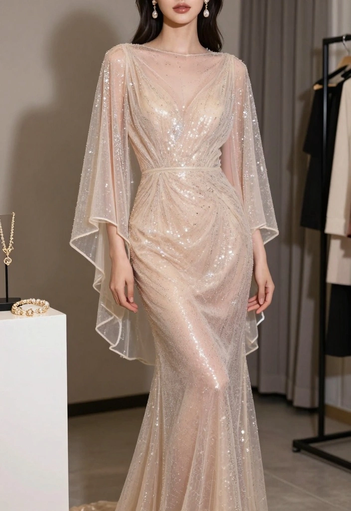 16 Angel Outfit Dress To Impress Ideas That Stand Out - 4. Sheer Cape Dress With Glitter Accents 1