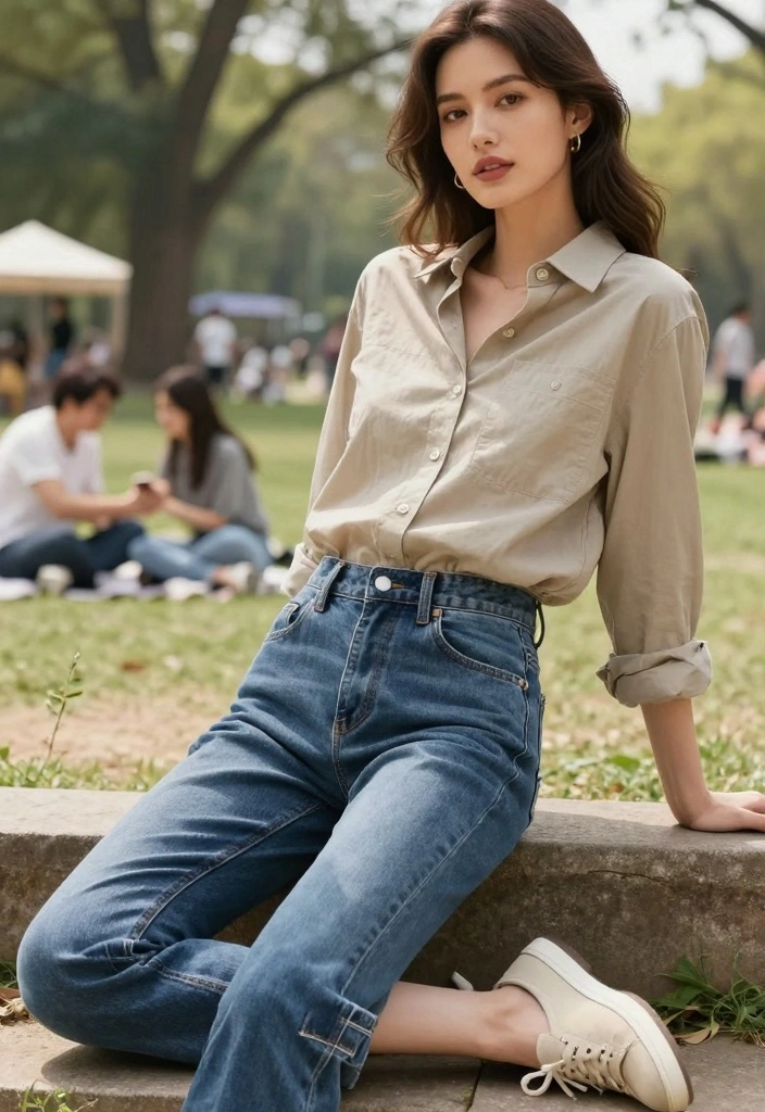 16 Baddie Boyfriend Jeans Outfit Ideas For Women - 12. Casual Button-Up Shirt + Boyfriend Jeans 1