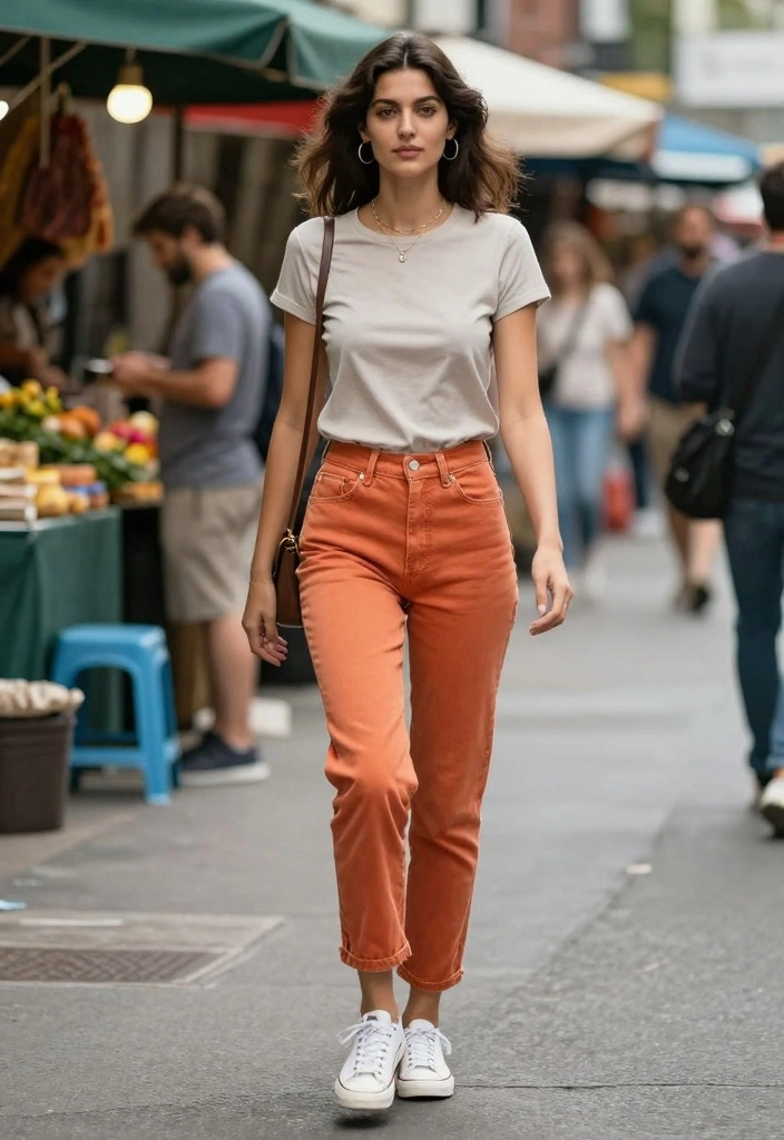 16 Baddie Boyfriend Jeans Outfit Ideas For Women - 6. Bright Colored Boyfriend Jeans + Neutral Top 1