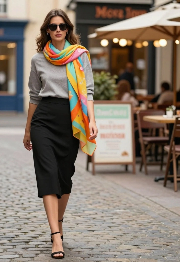 16 Black Midi Skirt Outfit Ideas That Look Effortless - 12. Layered with a Scarf for a Pop of Color 1