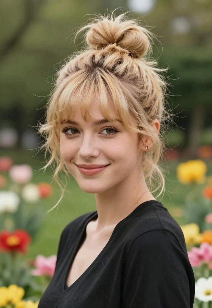 16 Blonde Layered Hair Ideas for Soft Movement - 10. Messy Bun with Bangs 1