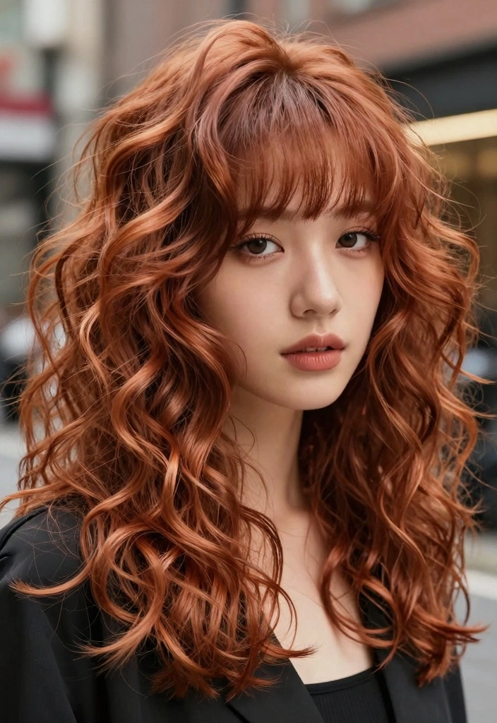 16 Brown Copper Hair Ideas: Warm Radiant Tones Perfect for Curly Textures - 3. Bold Copper Bangs with Curly Layers 1