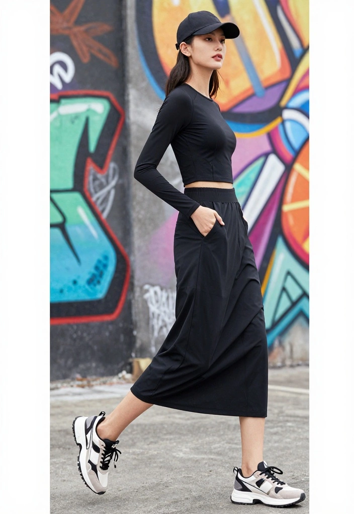 16 Casual Long Black Skirt Outfit Ideas You Will Love - 4. Sporty Chic 1