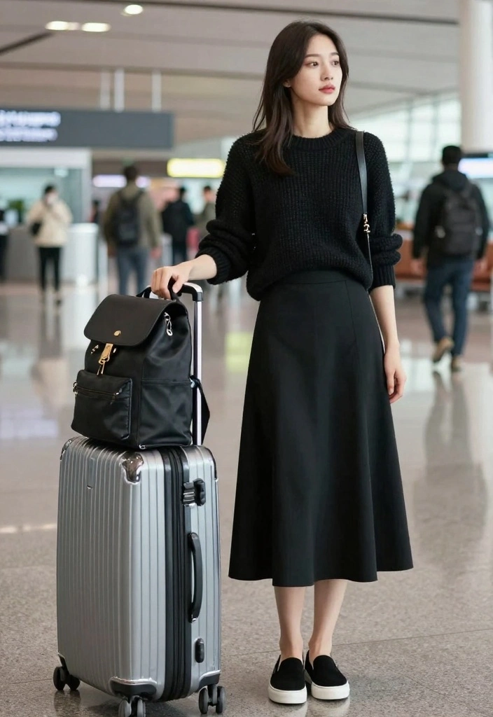16 Casual Long Black Skirt Outfit Ideas You Will Love - 8. Effortless Airport Style 1
