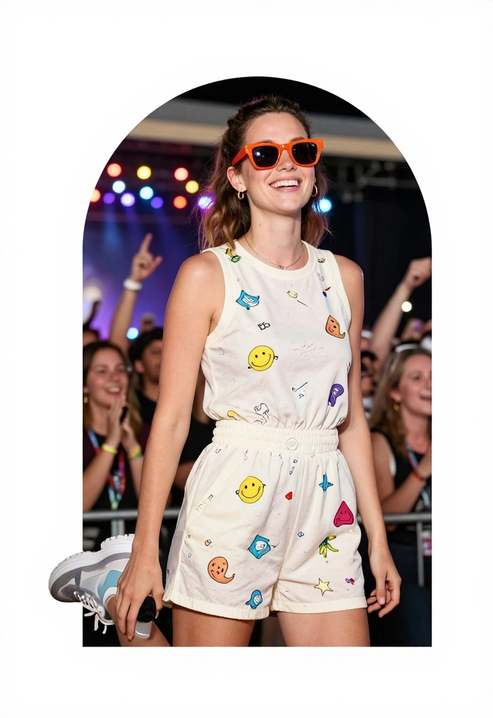 16 Coldplay Concert Outfit Ideas for Women Twenty Twenty Four - 10. Playful Romper with Bright Accessories 1