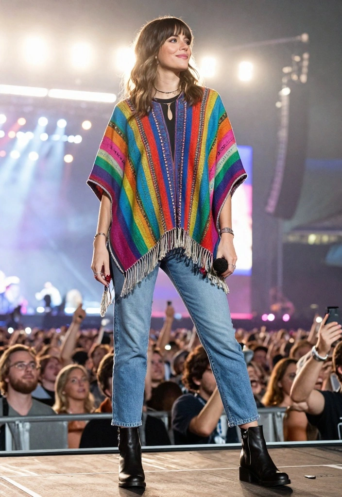 16 Coldplay Concert Outfit Ideas for Women Twenty Twenty Four - 12. Colorful Poncho with a Basic Outfit 1