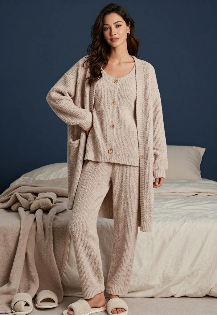 16 Cozy and Chic Slumber Party Outfit Ideas For Women - 10. Knit Pj Set with Cardigan 1