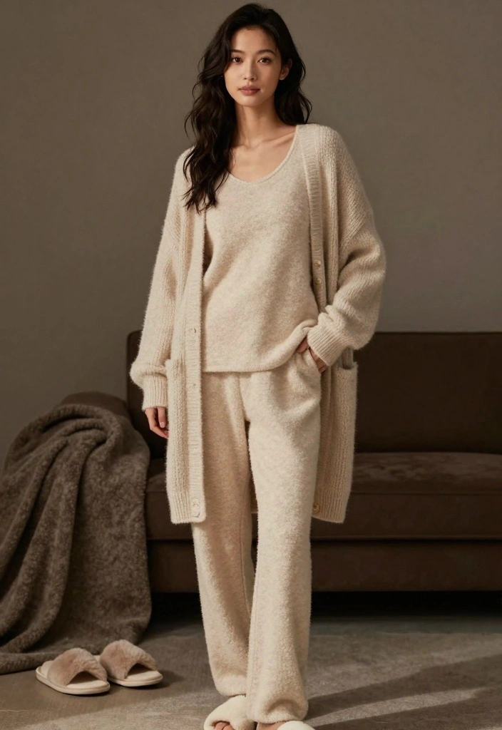 16 Cozy and Chic Slumber Party Outfit Ideas For Women - 10. Knit Pj Set with Cardigan 1