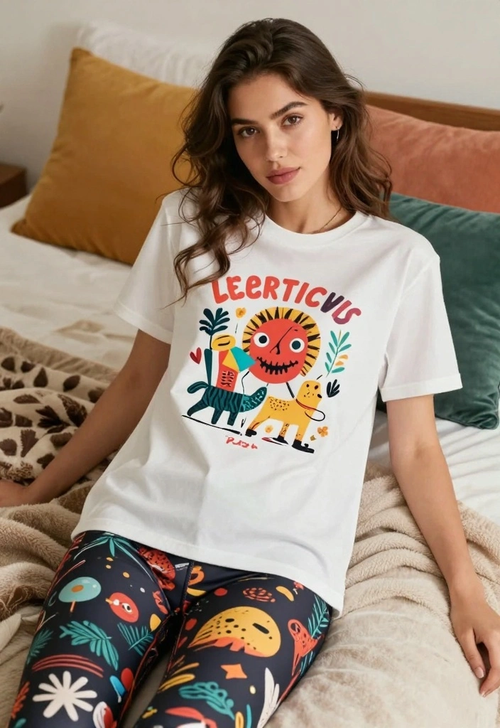 16 Cozy and Chic Slumber Party Outfit Ideas For Women - 4. Funky Graphic Tees and Leggings 1