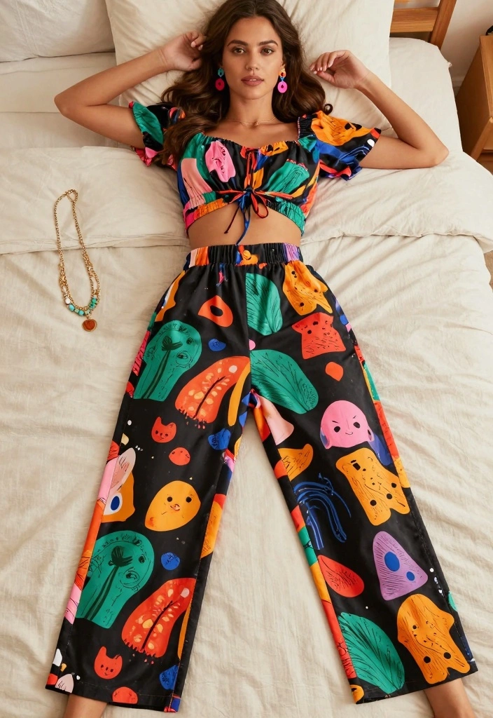 16 Cozy and Chic Slumber Party Outfit Ideas For Women - 7. Cute Crop Top and High-Waisted Pants 1