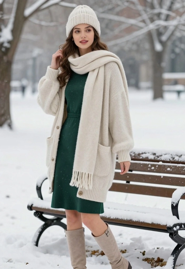 16 Dark Green Dress Outfit Ideas With Elegant Mood - 4. Cozy Layering 1