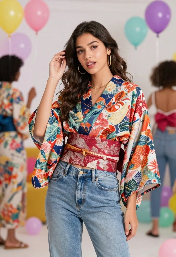 16 Freshers Party Western Outfit Ideas For Women - 9. Printed Kimono and Jeans 1