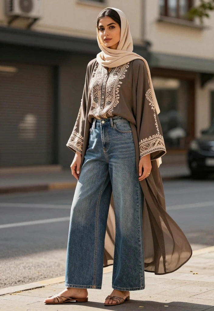 16 Hijab Friendly Jeans Outfit Ideas For Women - 1. Chic Wide-Leg Jeans with a Long Tunic 1