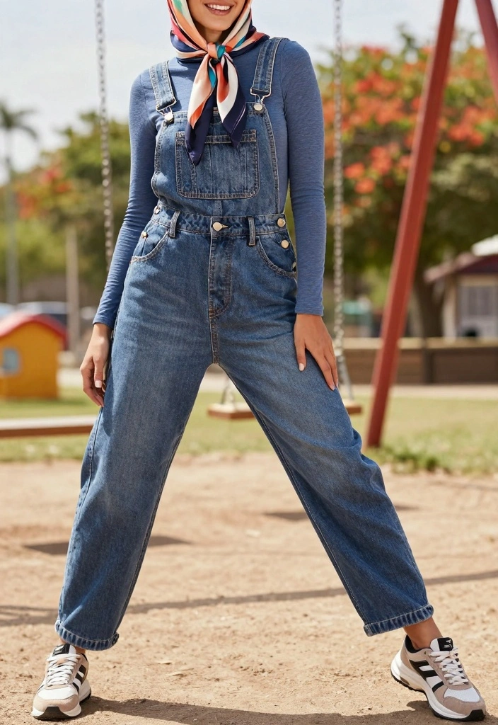 16 Hijab Friendly Jeans Outfit Ideas For Women - 12. Denim Overalls with a Fitted Long-Sleeve Top 1