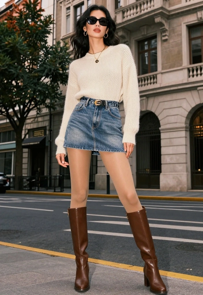 16 Hijab Friendly Jeans Outfit Ideas For Women - 14. Denim Mini Skirt with Tights and Boots 1