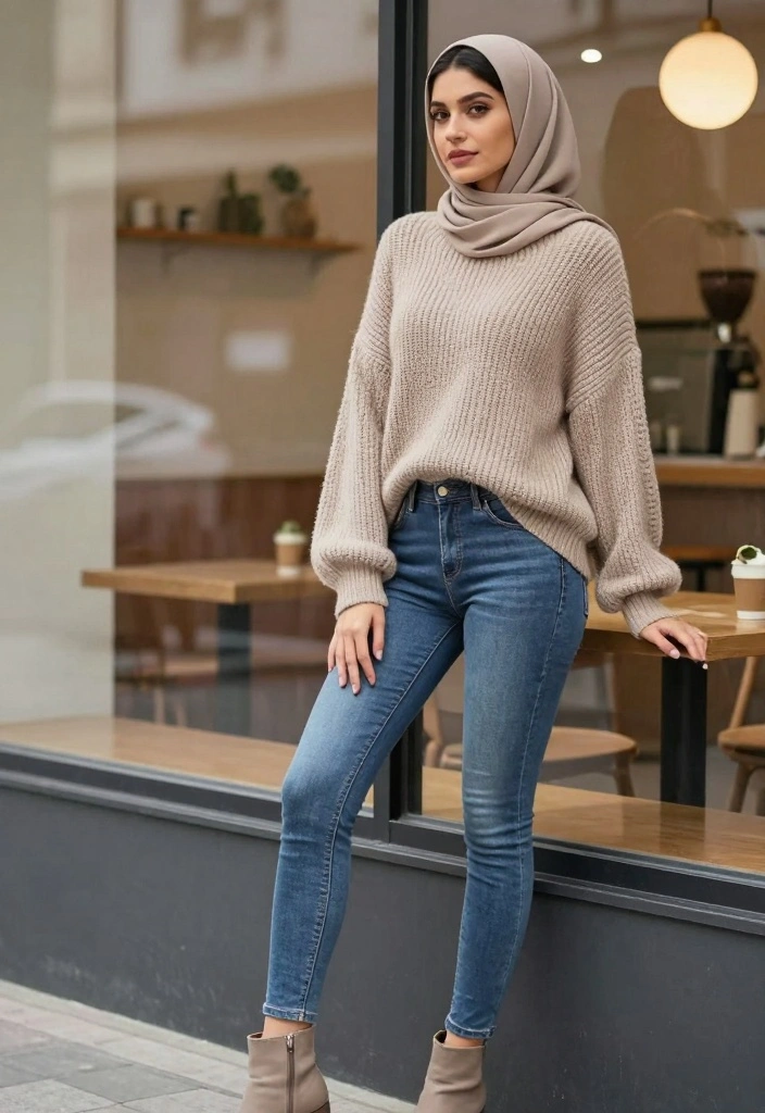 16 Hijab Friendly Jeans Outfit Ideas For Women - 2. Classic Skinny Jeans with a Oversized Sweater 1