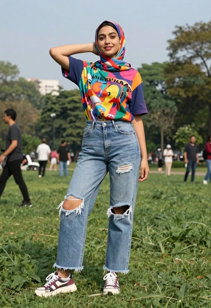 16 Hijab Friendly Jeans Outfit Ideas For Women - 3. Distressed Denim with a Cute Graphic Tee 1