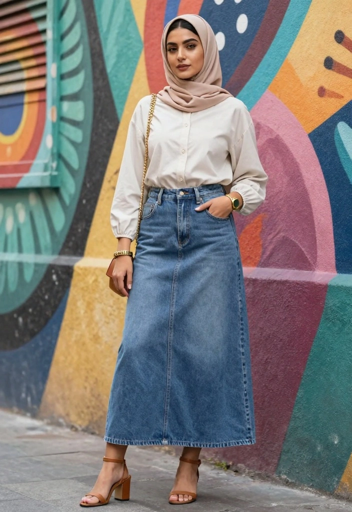 16 Hijab Friendly Jeans Outfit Ideas For Women - 5. Denim Skirt Over Jeans 1
