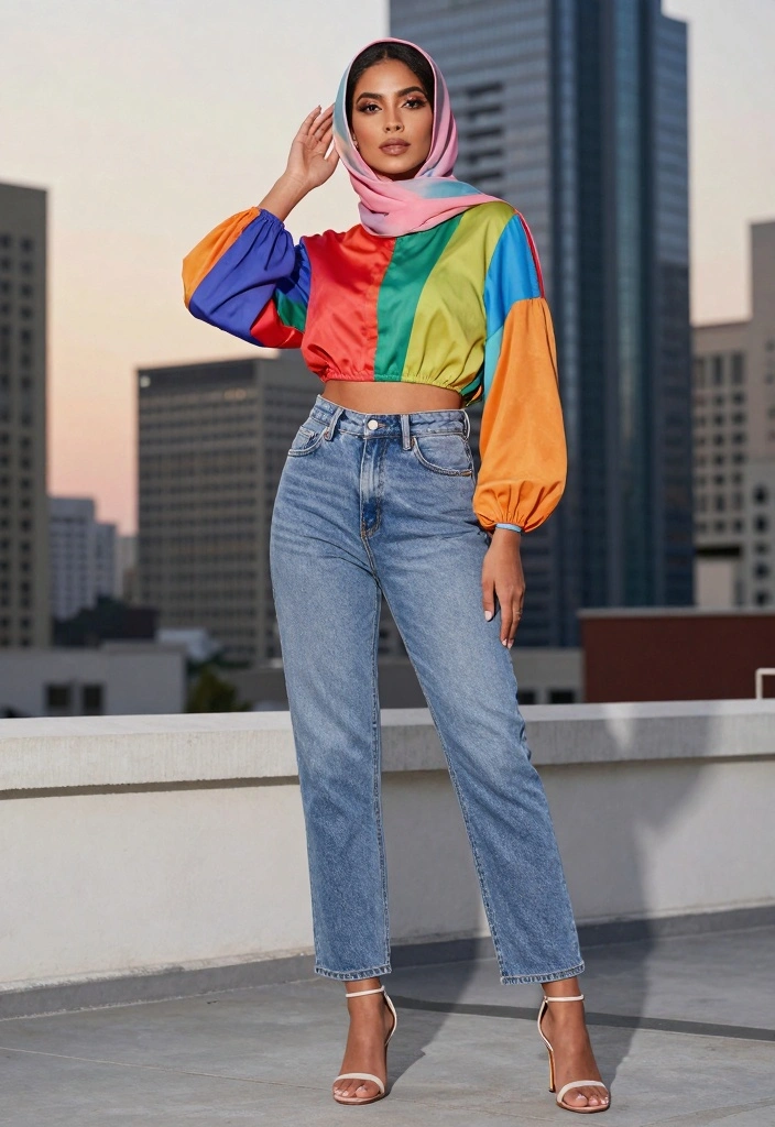 16 Hijab Friendly Jeans Outfit Ideas For Women - 7. High-Waisted Jeans with a Cropped Top 1