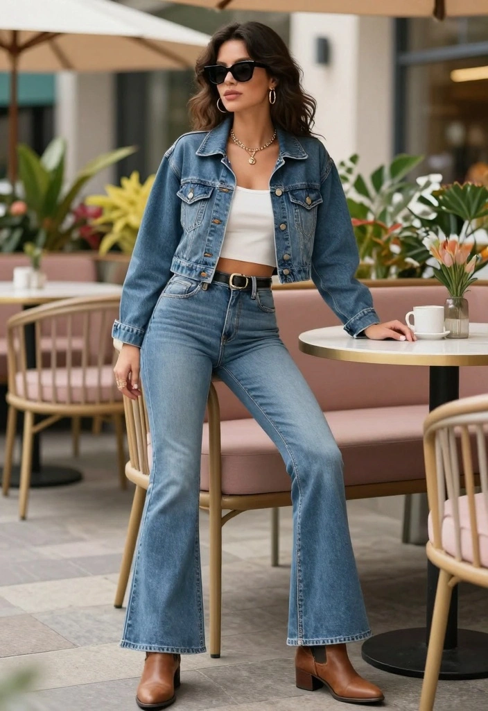 16 Hijab Friendly Jeans Outfit Ideas For Women - 9. Cropped Denim Jacket with Flare Jeans 1