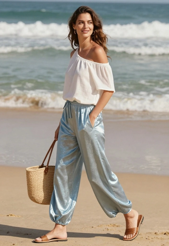 16 Metallic Pants Outfit Ideas For Women - 12. Beachy Chic 1