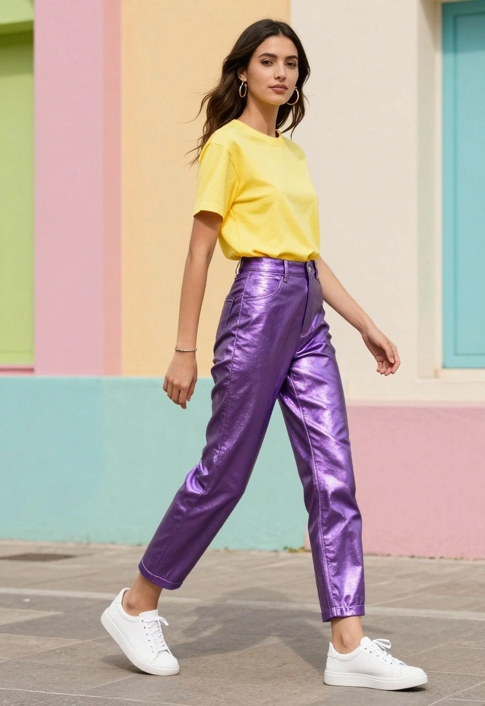 16 Metallic Pants Outfit Ideas For Women - 13. Bold Color Blocking 1