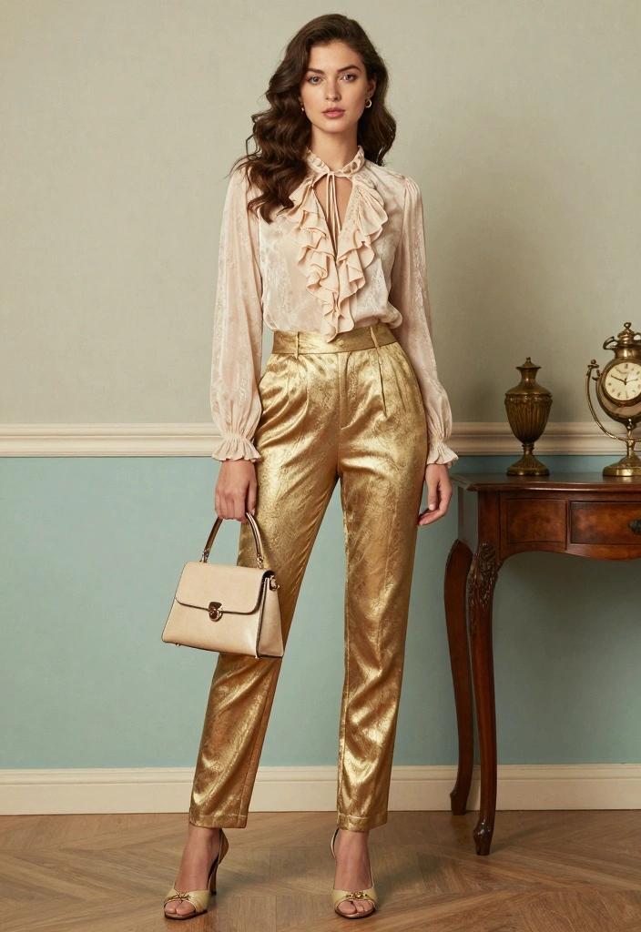 16 Metallic Pants Outfit Ideas For Women - 16. Vintage Inspired 1