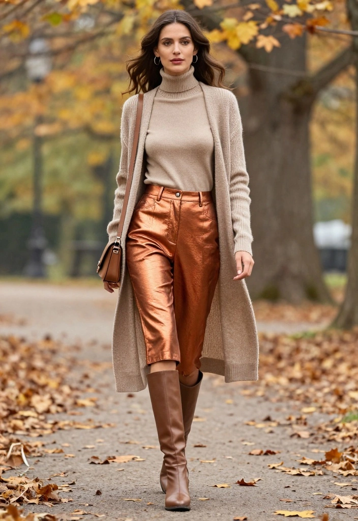 16 Metallic Pants Outfit Ideas For Women - 9. Layered Looks 1