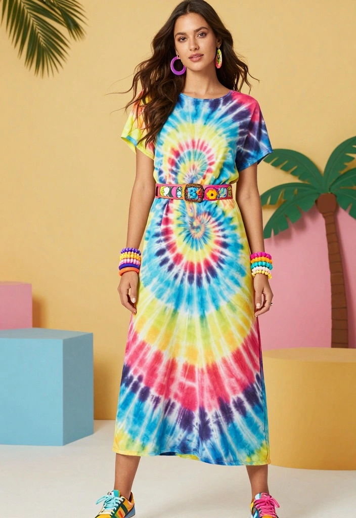 16 Short Dress Outfit Ideas For Easy Styling - 10. Tie-Dye Dress with Colorful Accessories 1