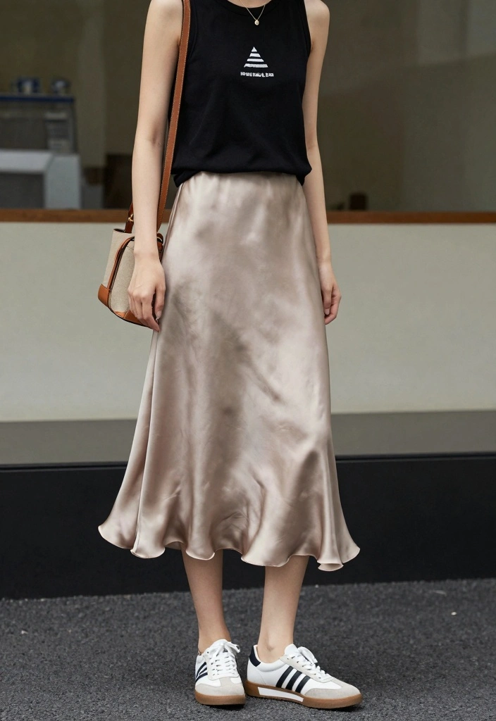16 Silk Skirt Outfit Ideas For A Luxe Look - 12. Dress it Down with Casual Footwear 1