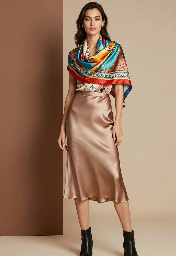 16 Silk Skirt Outfit Ideas For A Luxe Look - 13. Add Layers with a Scarf 1