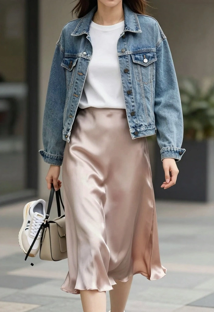 16 Silk Skirt Outfit Ideas For A Luxe Look - 2. Silk Skirt with a Denim Jacket 1
