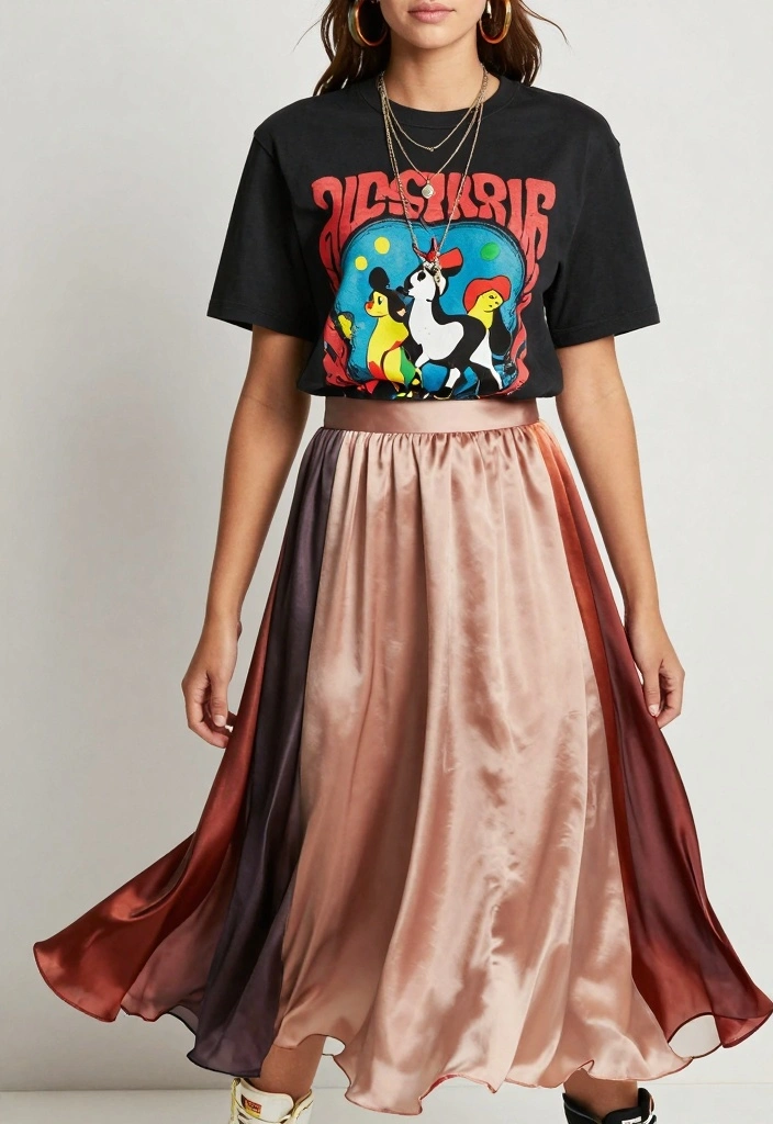 16 Silk Skirt Outfit Ideas For A Luxe Look - 3. Team with a Graphic Tee 1