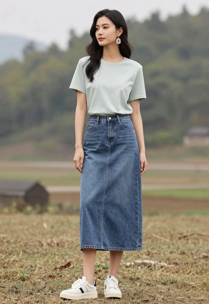 16 Sustainable Y2K Jeans Outfit Ideas For Women - 16. Denim Maxi Skirt with a Basic Tee 1