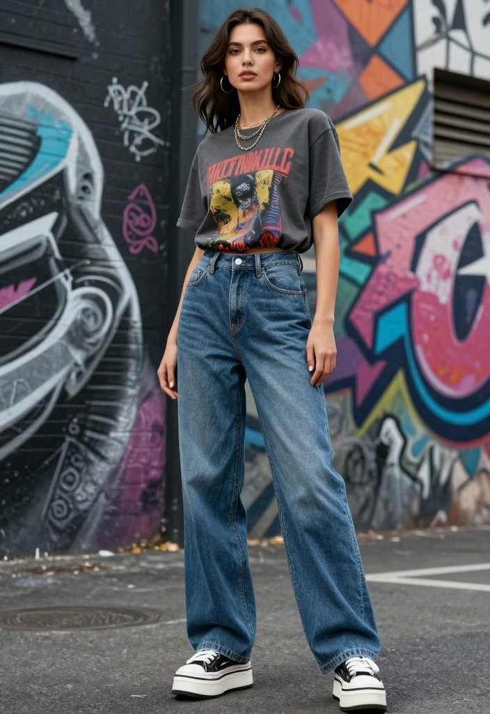 16 Sustainable Y2K Jeans Outfit Ideas For Women - 2. Baggy Jeans with a Graphic Tee 1
